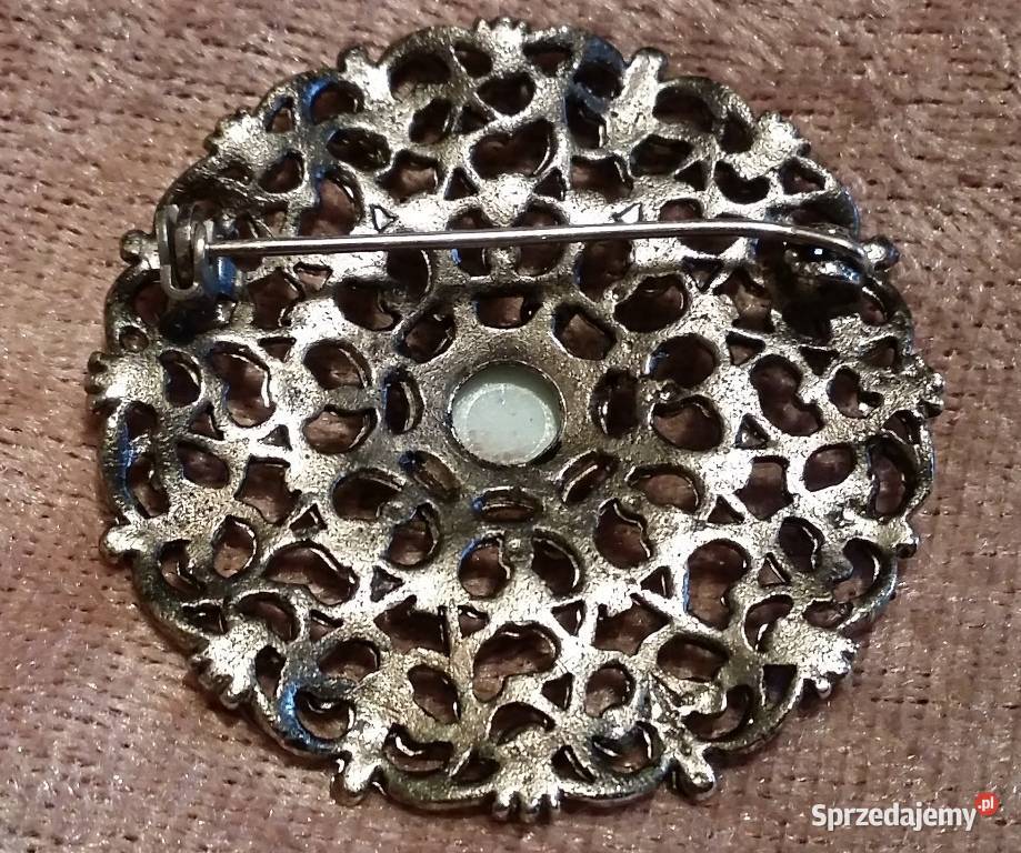 Stara angielska broszka ażurowoturkusowa Ochojno