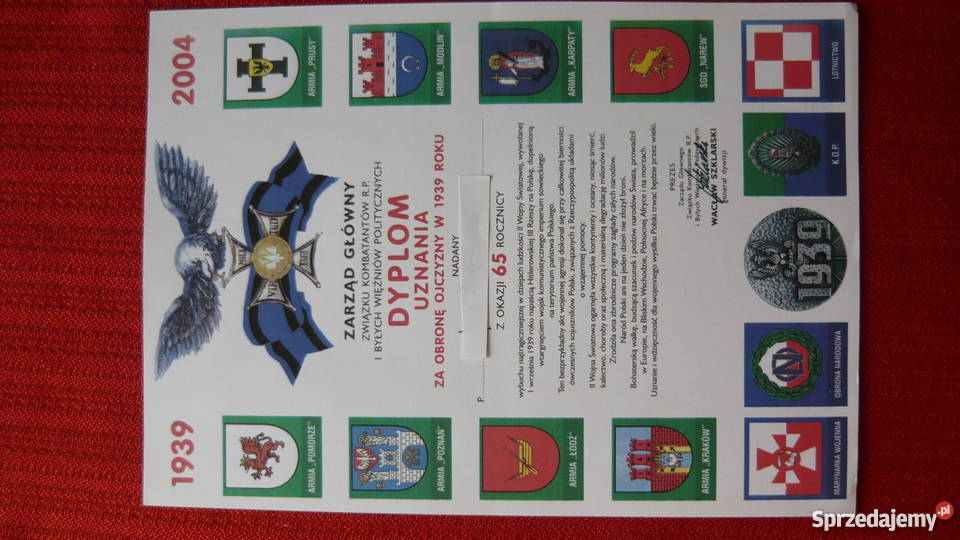 Dyplom uznania obronę ojczyzny 1939 r Myszków sprzedam