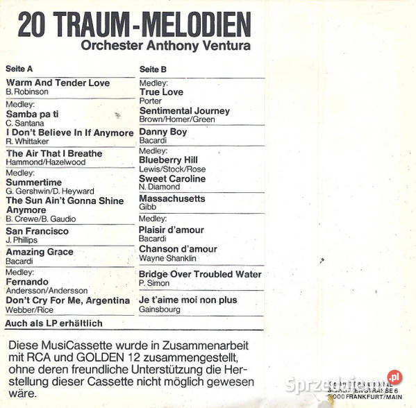 20 melodii marzeńOrchester Anthony Ventura 20 kaseta Gliwice