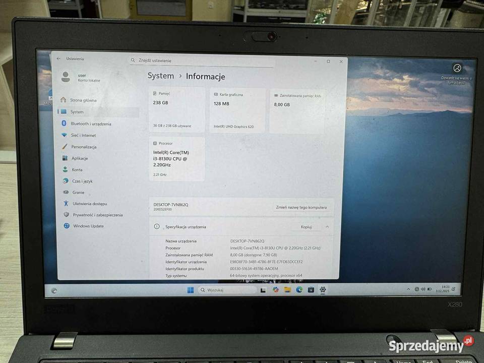 Laptop Lenovo ThinkPad X280 125 Intel Core i3 8 warmińsko-mazurskie Elbląg