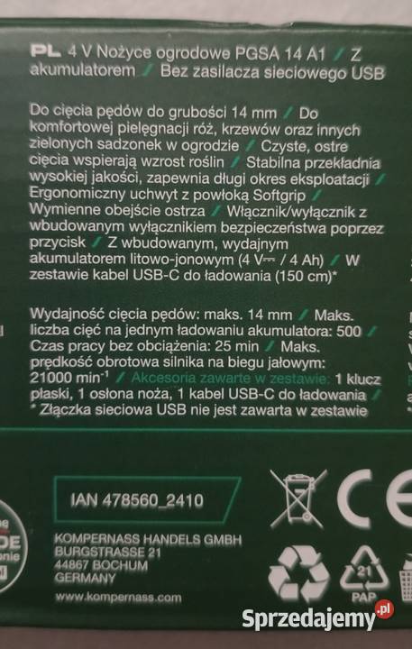 PARKSIDE Akumulatorowe nożyce sektor ogrodowe 4 warmińsko-mazurskie Ełk