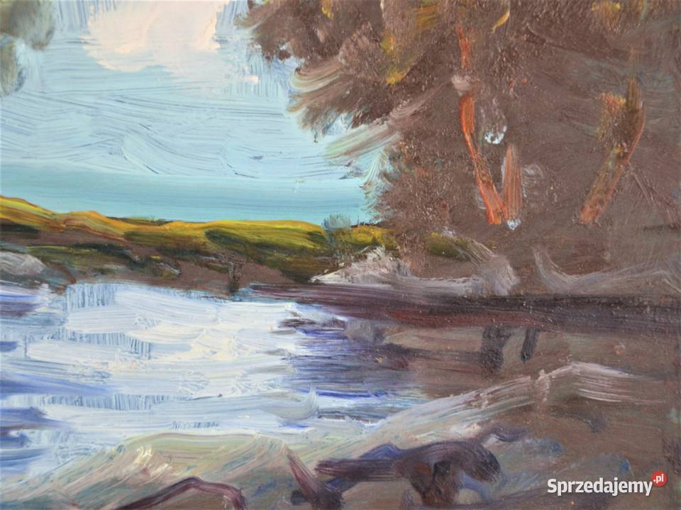Pejzaż olej na płycie technika mieszana nóż Warszawa