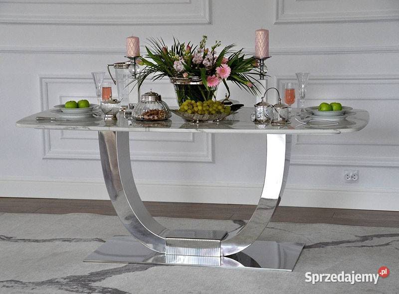 Stół glamour srebrny z marmurowym białym blatem 180cm Warszawa