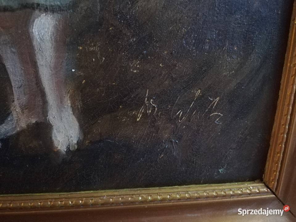 Piękna scena rodzajowa olejna sygnowana w ramie Łódź