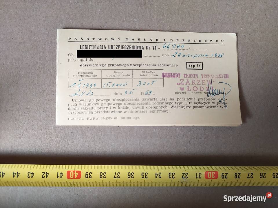 465 LEGITYMACJA ubezpieczonego PRL Retro Łódź