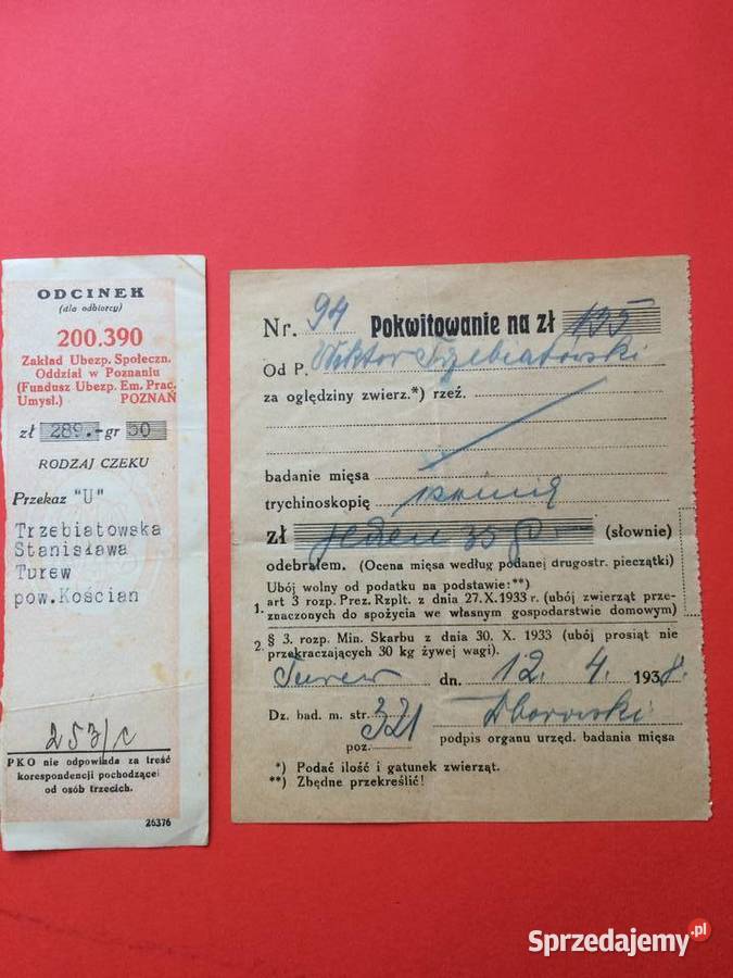 2556 Pokwitowanie Z Badania Mięsa I Opłata sprzedam