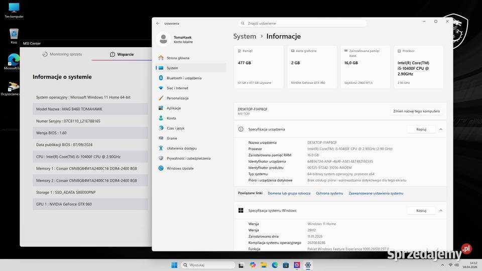 Komputer gamingowy i510400 16GB SSD m2 512GB Kraków