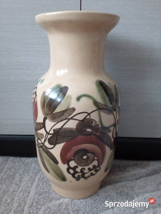 Wazon beżowy malowany kwiaty liście PRL sprzedam