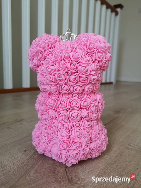 Miś z róż piankowych różowy wys 23 Antyki, Sztuka, Kolekcje Otrębusy