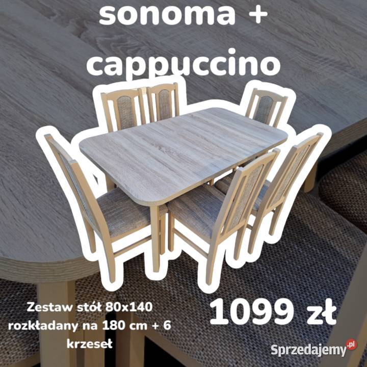 Nowe: Stół 80x140/180 + 6 krzeseł, SONOMA + CAPPUCCINO,