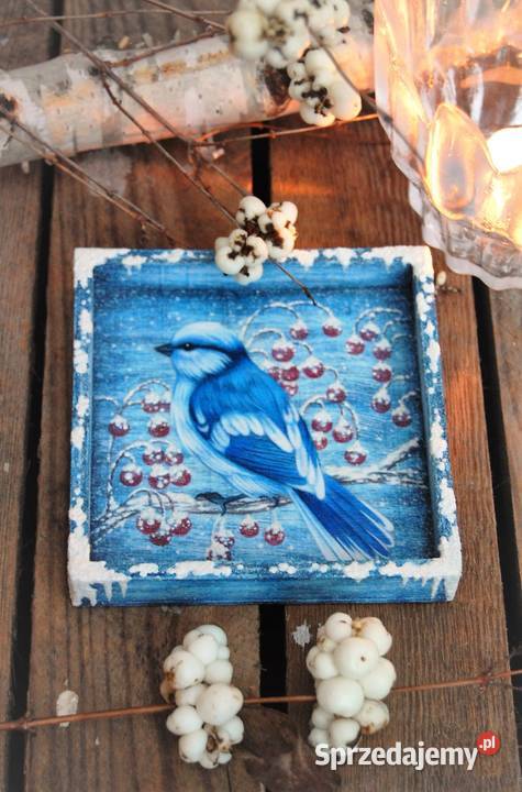 Drewniana tacka malowana ptak sikora lazurowa sprzedam