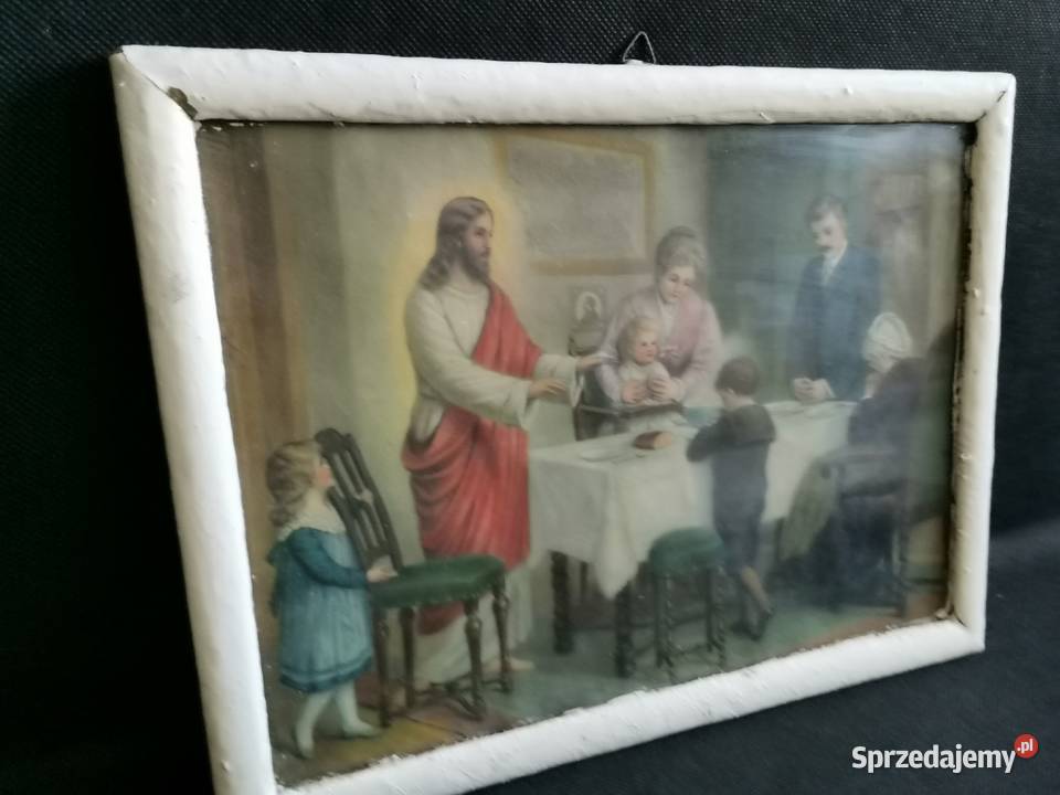 Stary obraz oleodruk Modlitwa przed posiłkiem Antyki