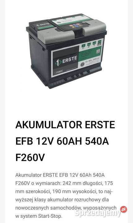 akumulator ERSTE EFB 12V 60Ah 540A F260V osobowe Bełchatów