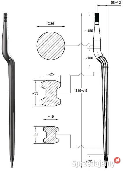 Ząb ładowacza wygięty 58 mm profil podwójne T Kamionna