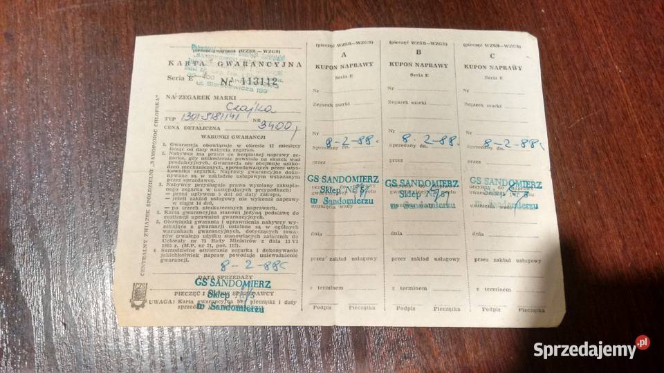 karta gwarancyjna zegarka czajka 2105 Stalowa Wola
