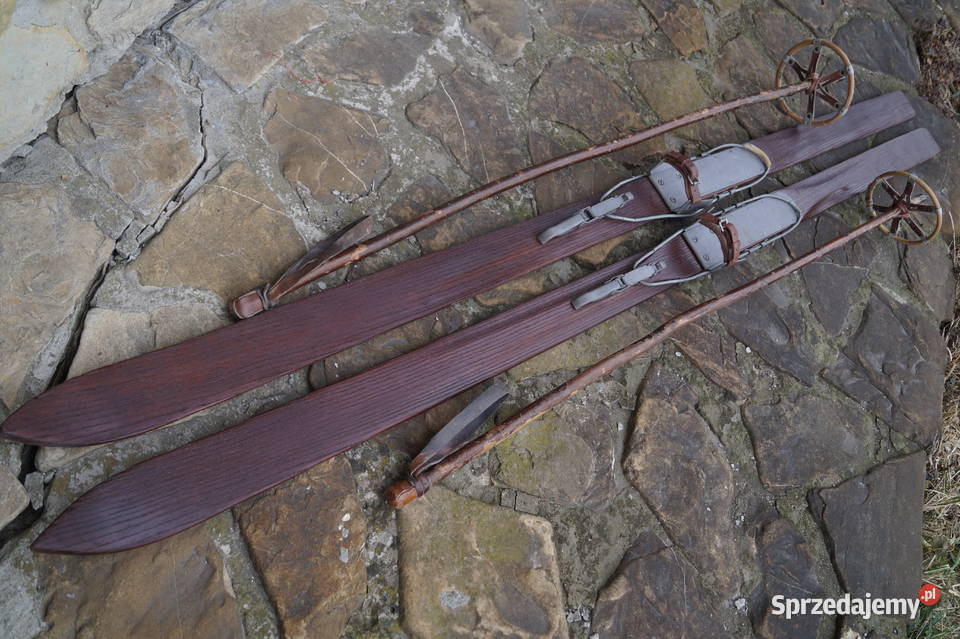 Stare narty jesionowe 198 kijki laskowe Antyki