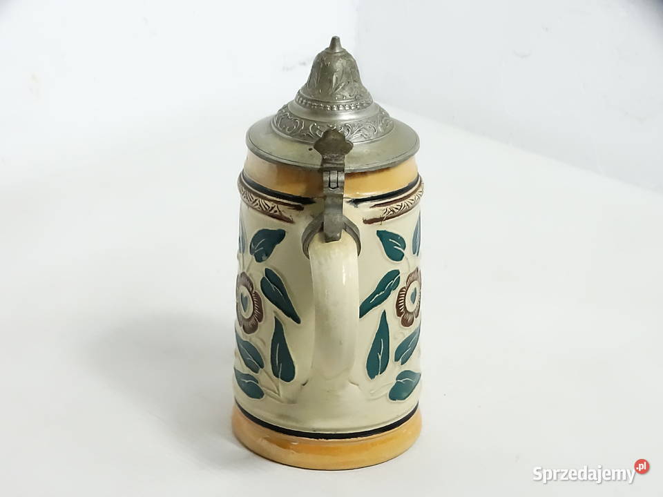 Zabytkowy niemiecki kufel ceramiczny z cynową Biłgoraj