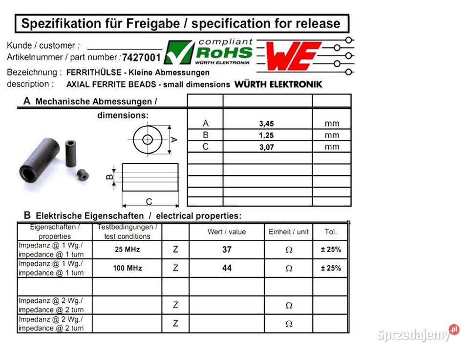 Rdzeń ferrytowy perełka dławik Wurth 50 Ozorków