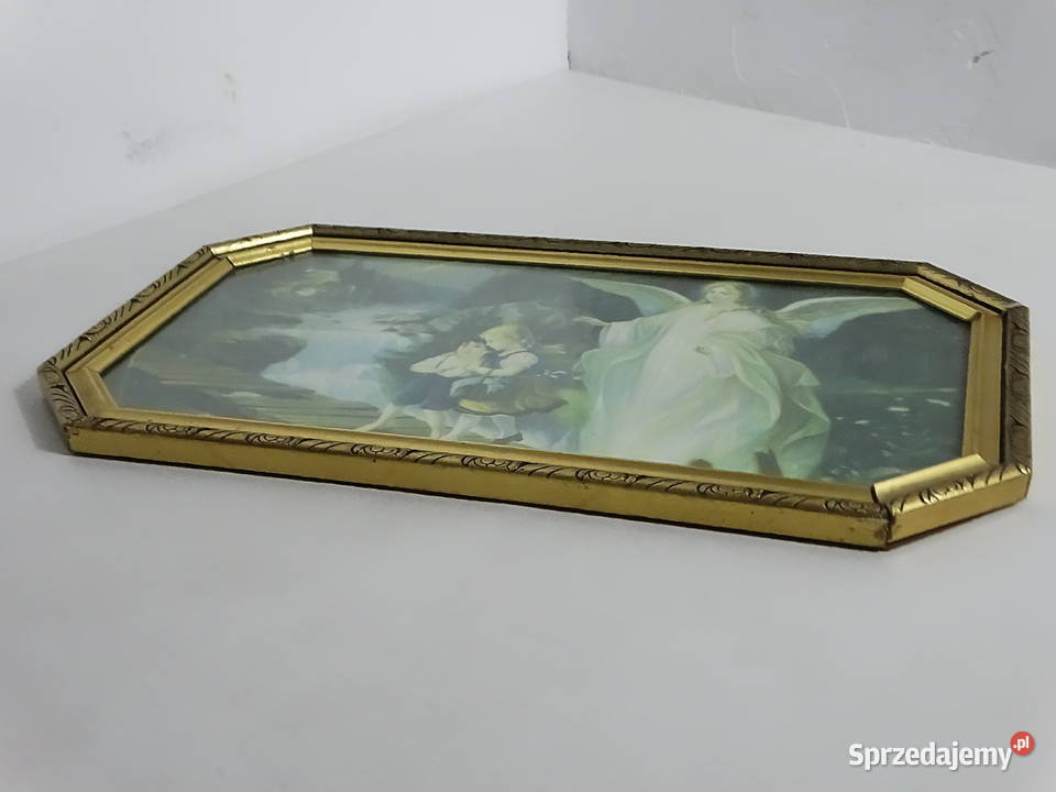 Klasyczny Obraz Anioł Stróż w złotej ramie 40x23 Obrazki i obrazy