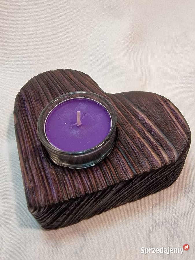 Świecznik drewniany serce śliwkowy na tealight fioletowy Sępopol sprzedam