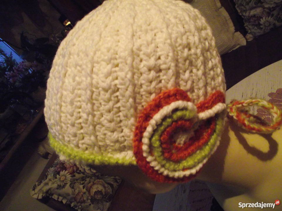 BIAŁA AUTORSKA CZAPUSIA PILOTKA FREEFORM CROCHET Piła sprzedam