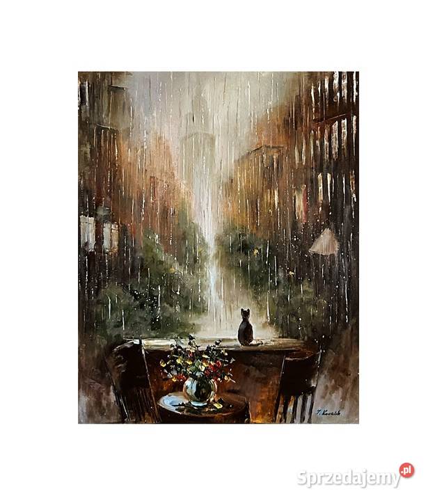 Kowalik Uliczka w deszczu 40x50 obraz olejny mazowieckie Warszawa