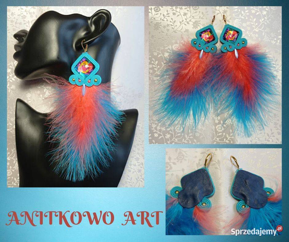 KOLCZYKI Z PIÓRAMI różowomorskie SUTASZ Warszawa