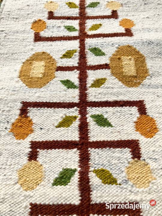 Długi kremowy wełniany kilim Cepelia PRL
