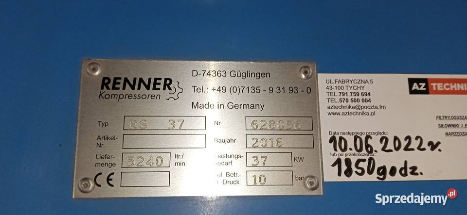 Sprężarka śrubowa RENNER RS 37 Silnik 37 kW 959 Biznes i Przemysł Łódź