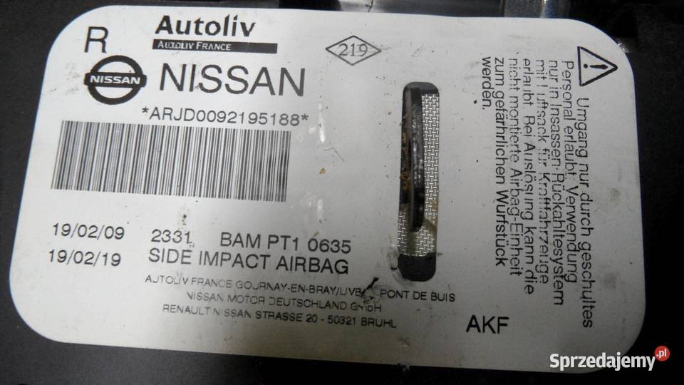 QASHQAI I J10 09r AIRBAG poduszka fotela prawa