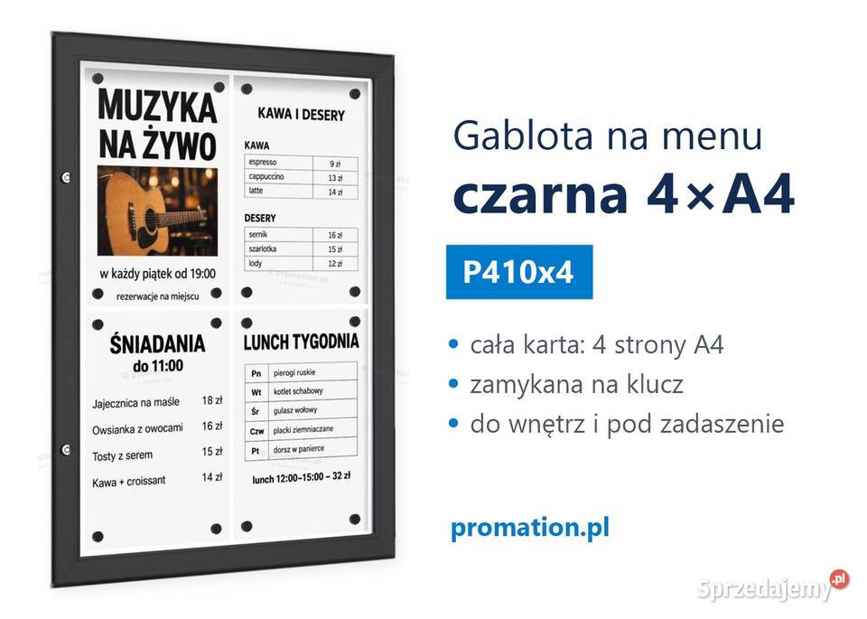 Czarna gablota na menu 4A4 do restauracji pubu i pomorskie