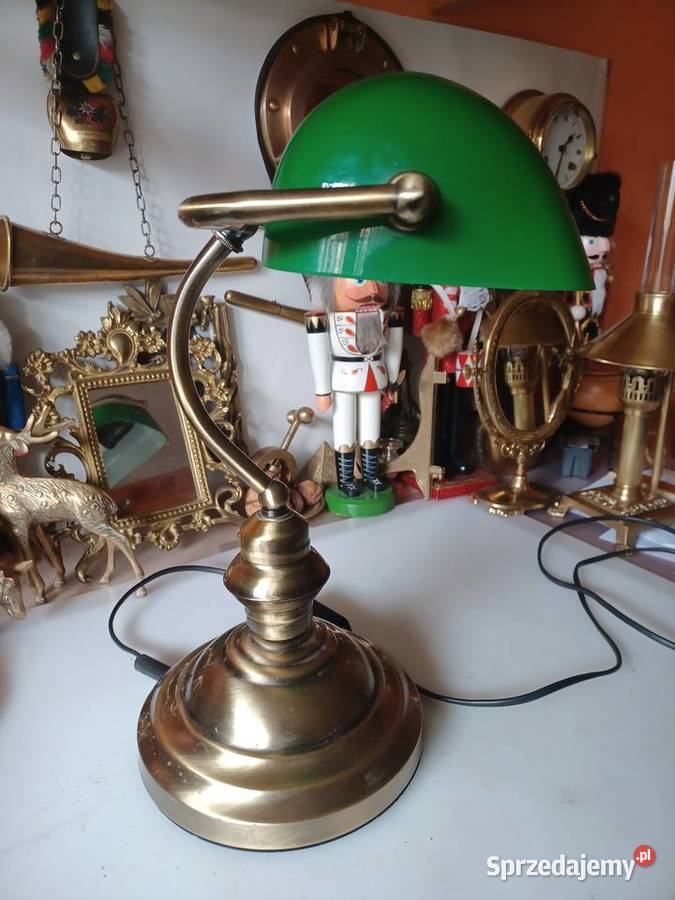 Bankierka lampa stołowa mosiądz szkło Poznań
