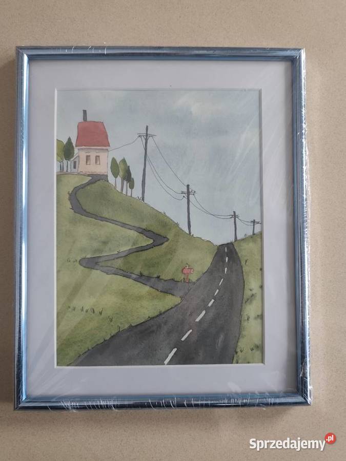 Akwarela Droga 1 Oryginalna Sztuka Oprawiona Malarstwo mazowieckie Warszawa