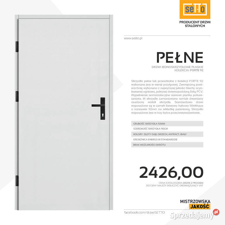 Drzwi zewnętrzne stalowe SETTO model PEŁNE 92 Drzwi i okna Konin