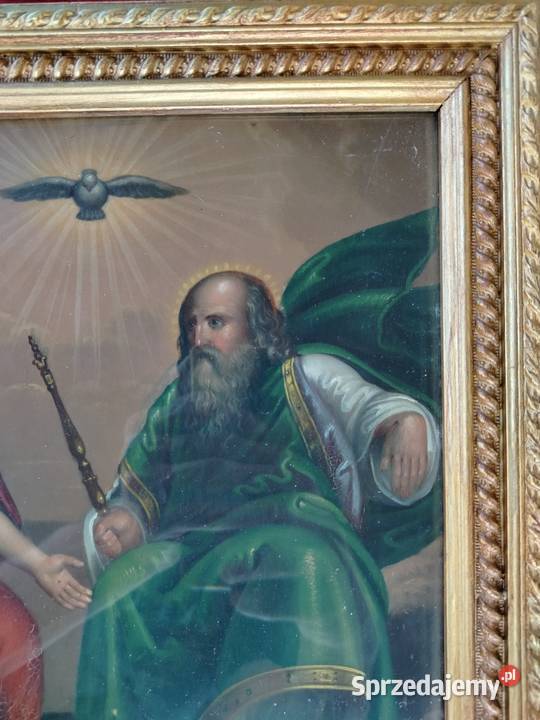 Trojca święta Olej na blasze XIX w stary obraz Antyki Kęty