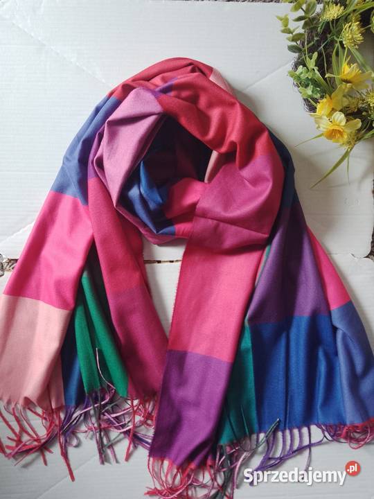 Duży szalik damski frędzle krata wiskoza bawełna kolorowy Pozostałe Chrzanów sprzedam