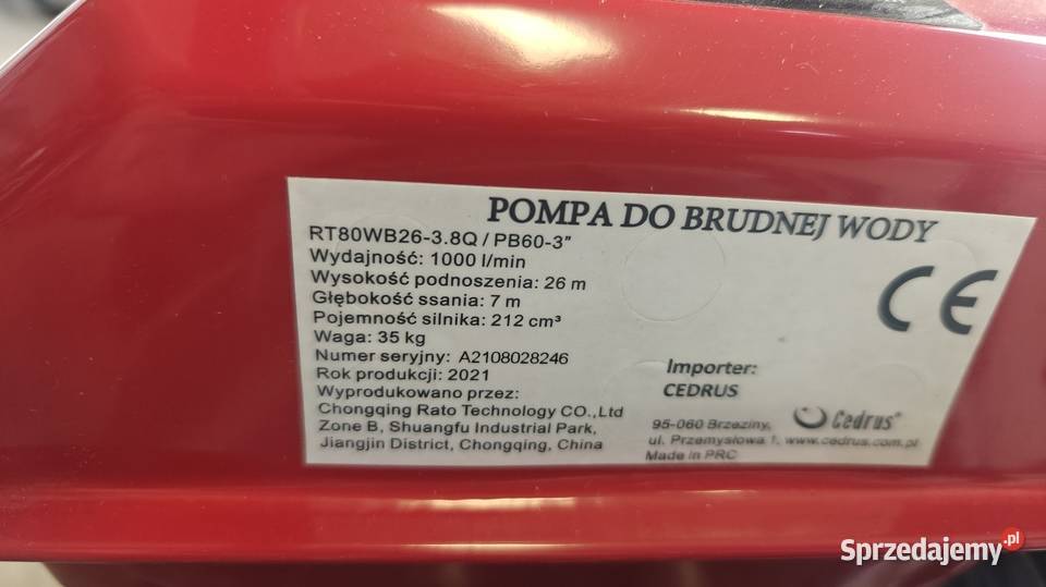 Pompa do wody Cedrus Rato RT80WB26 nowa Rząśno