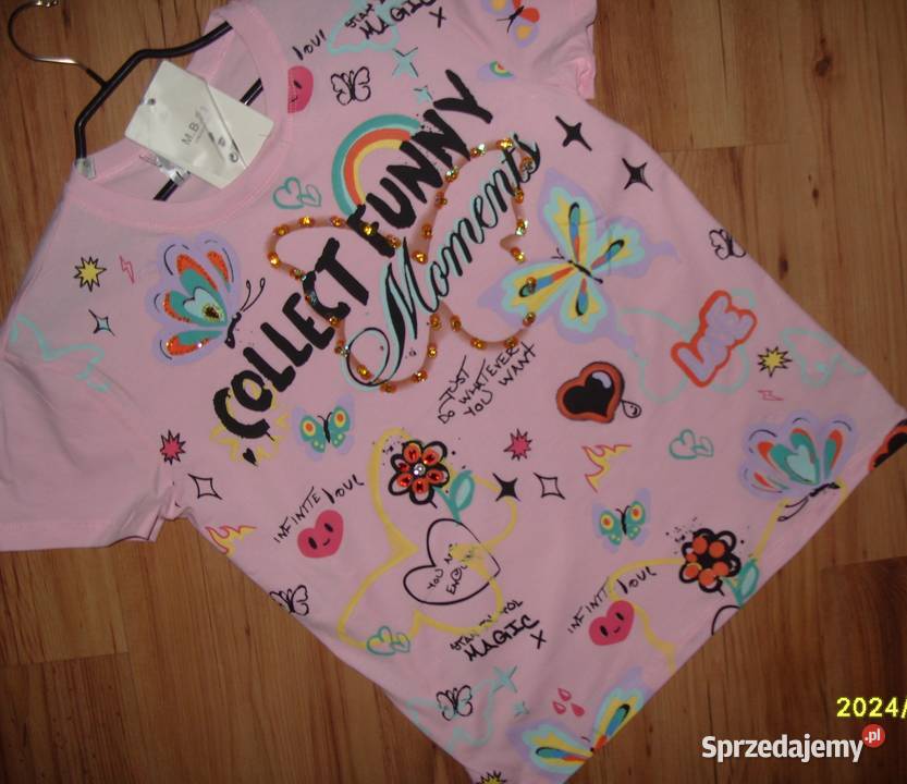 Tshirt NOWY Róż Motyle Serca cekiny cyrkonie r Inny wzór wielkopolskie Rawicz