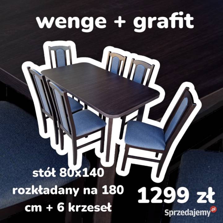 Nowe: Stół 80x140/180 + 6 krzeseł, WENGE + GRAFIT, dostawaPL
