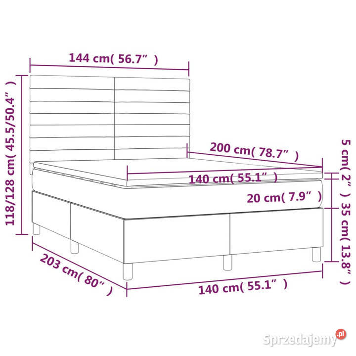 Łóżko z Materacem Kontynentalne Czarne Aksamit 128cm