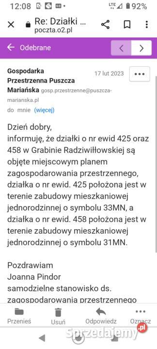 Działka leśna budowlana Sprzedaż Grabina Radziwiłłowska