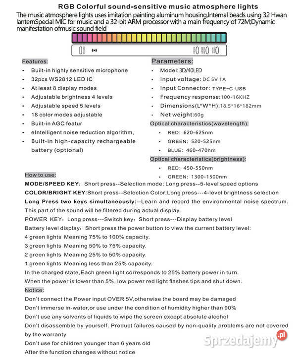 Oświetlenie RGB 32 diody sterowane dźwiękiem USB