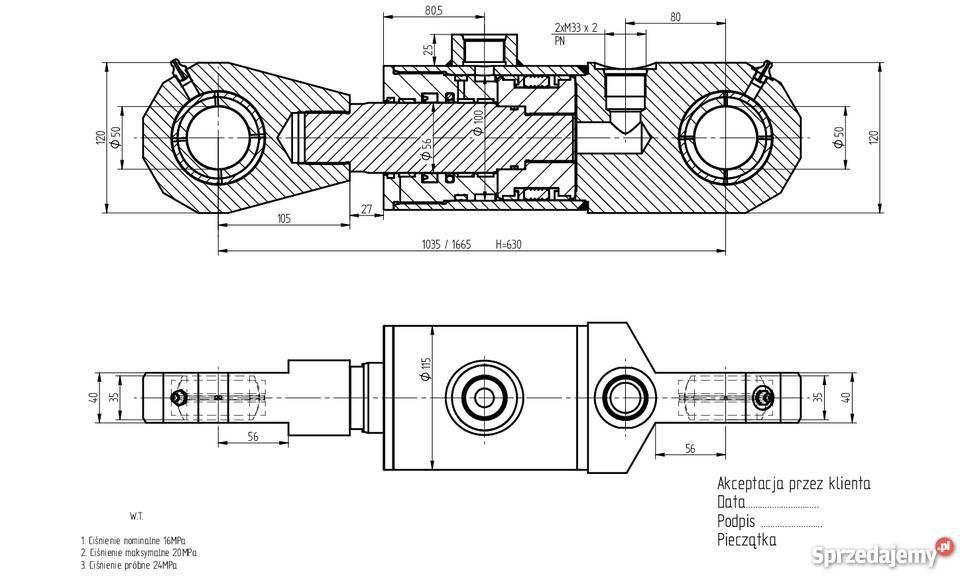 MOCNY SIŁOWNIK HYDRAULICZNY CYLINDER SKOK 630