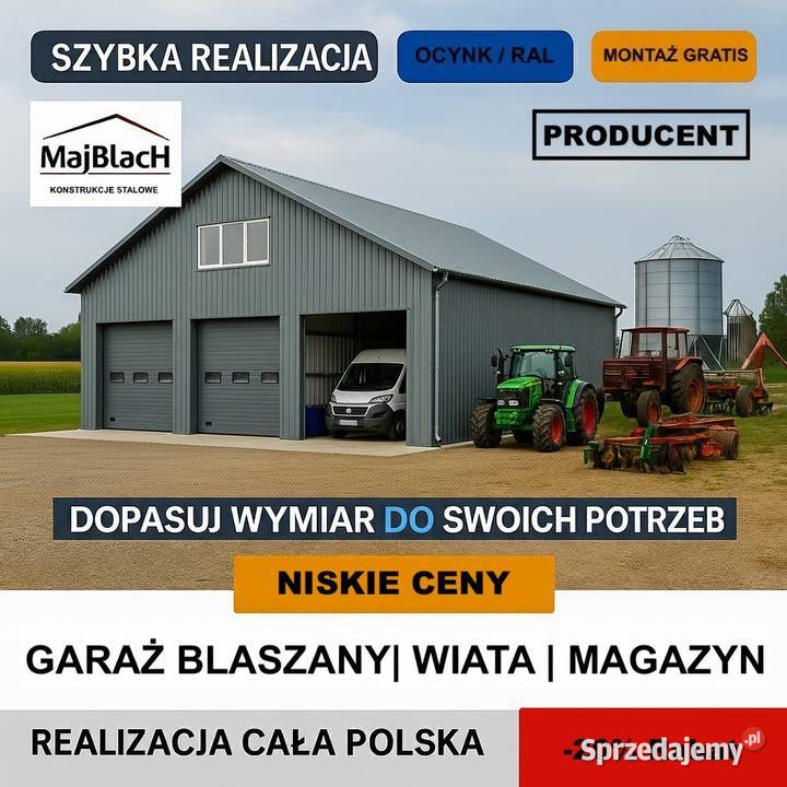 Garaż Blaszany Popielaty z Bramami Wjazdowymi Sprzedaż