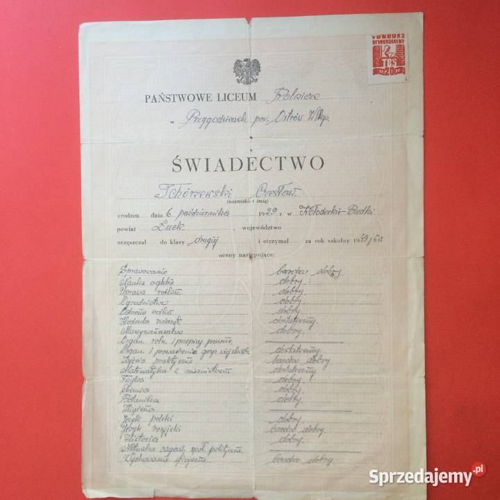 1744 Świadectwo Liceum Rolniczego Tchórzewski Szczecin