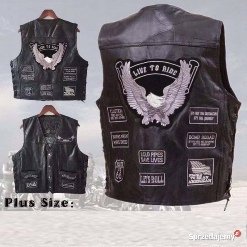 Kamizelka motocyklowa czarno biała z naszywkami Mysłowice