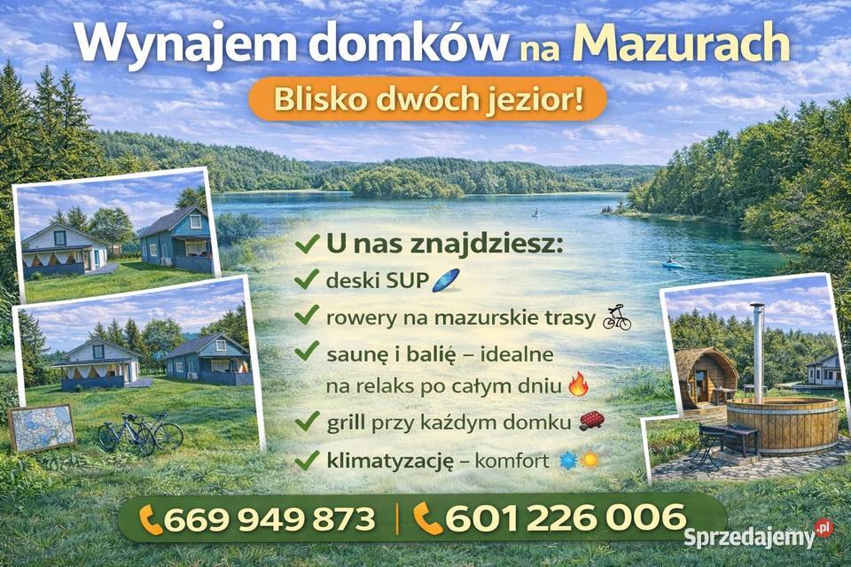 Wynajem domków Mazury Sauna rowery SUP grill Mrągowo