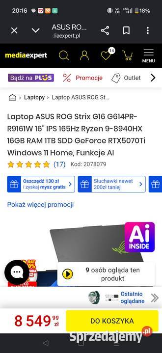 PROMOCJA 7600 do 1308 Sprzedam Laptop ASUS ROG Dodatkowe wyjście VGA