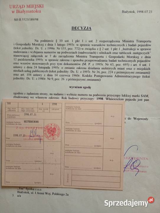 Przyczepka samochodowa z dokumentami do remontu Białystok