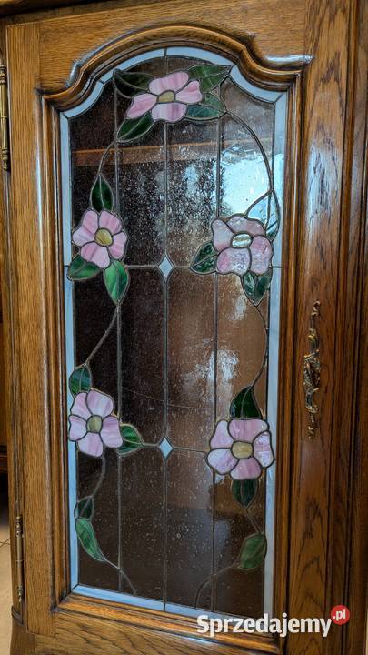 Piękna dębowa witryna udwikowska z witrażemsklep Dąbrowa Górnicza